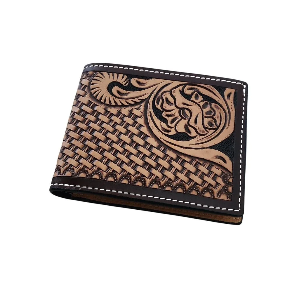 Ranger Belt Co H-306B Tooled Leather Bifold Wallet Basketweave Floral Brown NWT